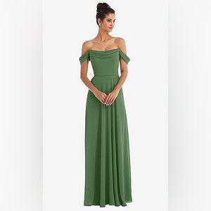 OFF-THE-SHOULDER DRAPED NECKLINE MAXI DRESS IN VINEYARD GREEN